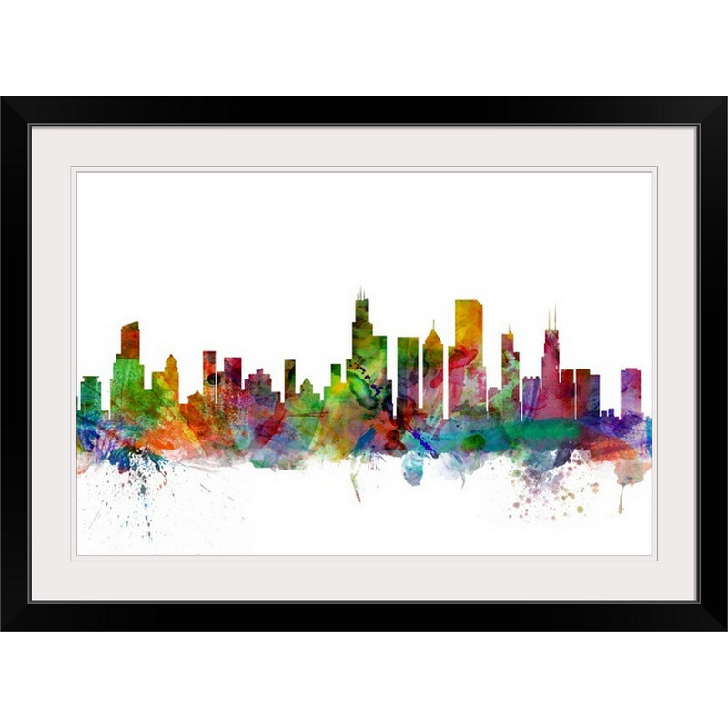 «Francy Chicago Illinois Skyline» par MIchael Tompsett - impression, Cadre noir, H 20 po x l 26 po x P 1 po