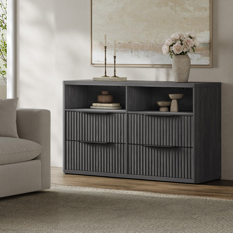  56.5"W Modern Fluted 4-Drawer Dresser With 2 Large Open Storage, Dark Gray Alder