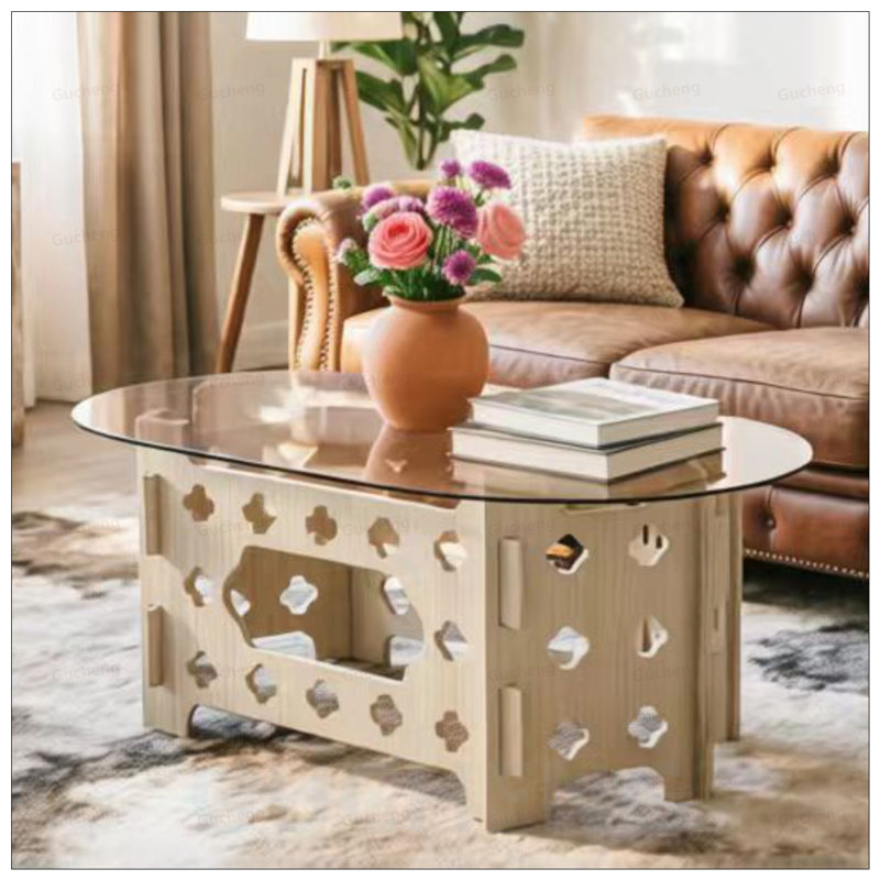 Table basse ovale avec plateau en verre trempé et nid de chat caché, durable et élégant pour la vie moderne