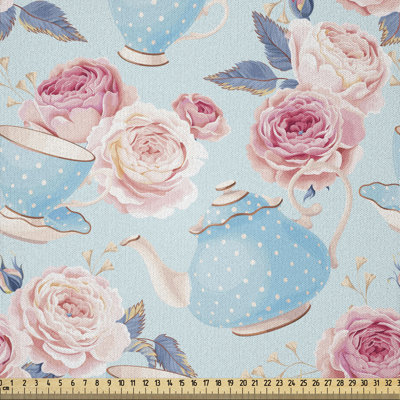 Tissu rétro à la verge, tasses à thé rétro à motif de feuilles roses, tissu en microfibre pour textiles et décors artisanaux, 2 verges, bleu pastel et rose pâle