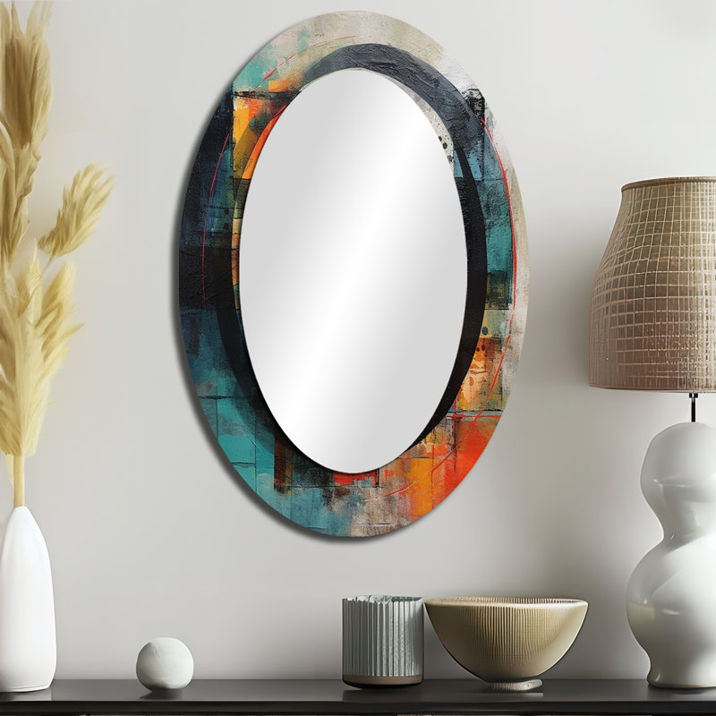 Geometric Serenity III - Miroir décoratif ovale abstrait sur métal, 36 po x 24 po