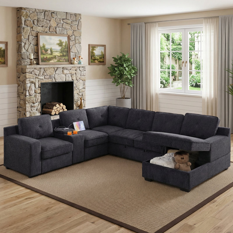 Canapé-lit modulaire convertible de 119,5 po surdimensionné en chenille gigogne 2-en-1 avec accoudoirs de console, charge USB, porte-gobelet et chaise de rangement
