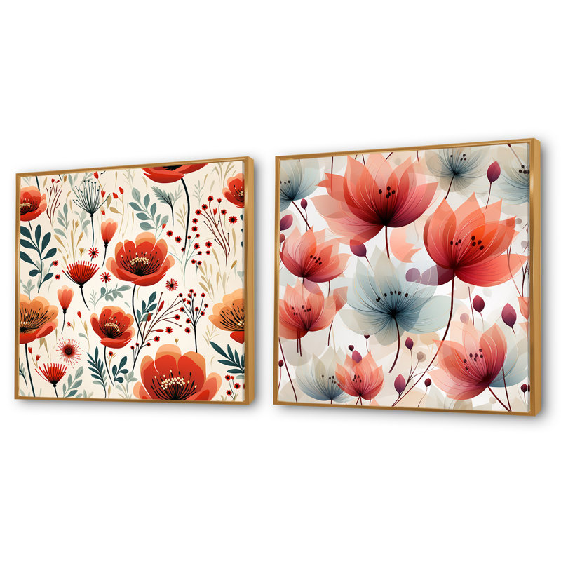 Jessy - Ensemble de 2 collages carrés floraux, Cadre flottant doré, H 36 po x l 73 po