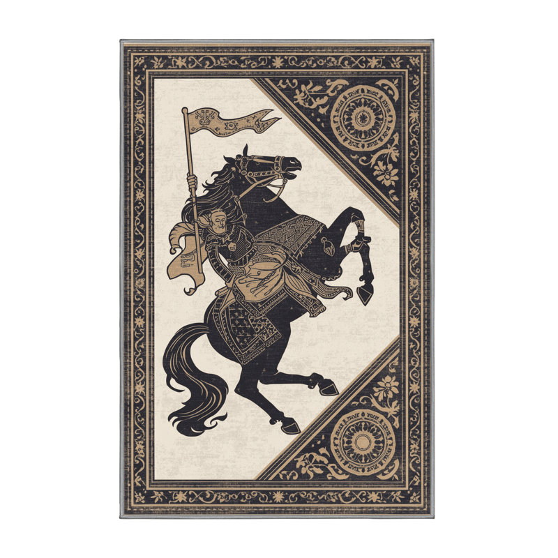 Tapis oriental doux et moelleux de style oriental Arce Warhorse Rider - reliure grise, 3 X 5