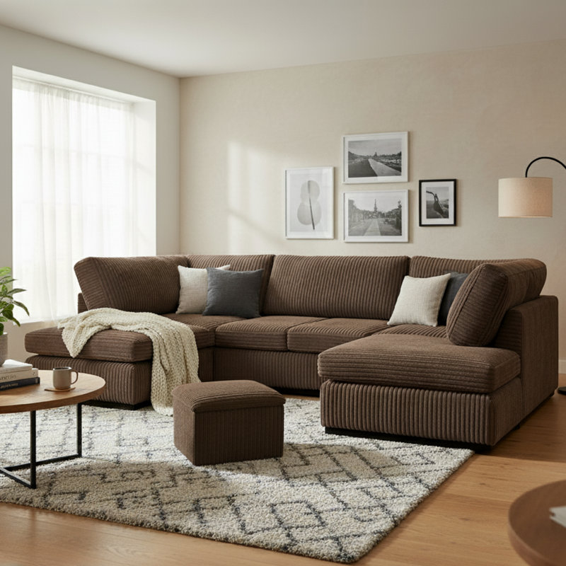 5 Seater Corduroy Corner Sofa , Brown