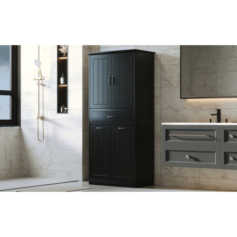 Bathroom Storage Cabinet With Two Laundry Baskets, Storage Cabinet With Doors And Drawer For Home, Black, Black