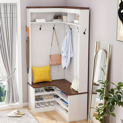 L-Shaped Corner Hall Tree Bench With Shoe Storage
