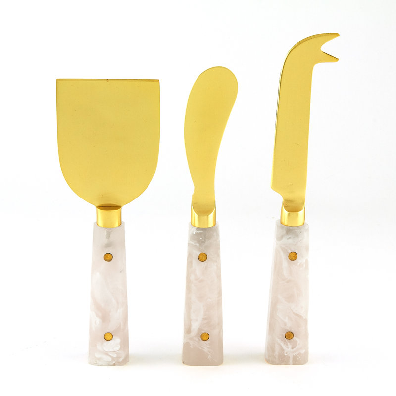 Marble/Gold Accent Cheese Knife Set, White/Gold