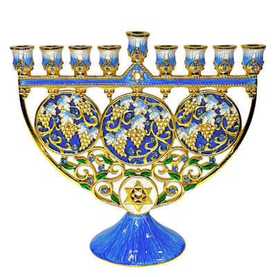 Monther Blue Jeweled Grapevines Hanukkah Menorah In Gift Box
