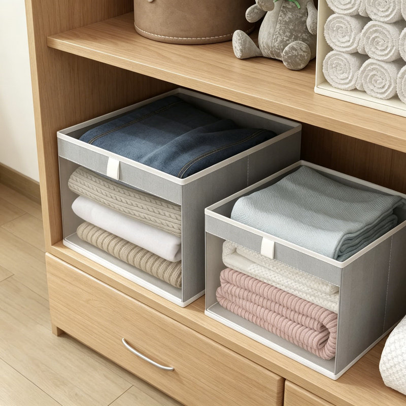 Organisateurs en lin et paniers de rangement avec fenêtre en filet, paniers en tissu pliables pour vêtements, serviettes et jouets, paquet de 2, gris