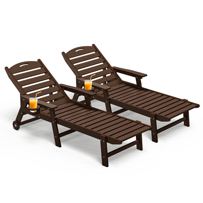 2-Pack Oversized HDPE Chaise Lounges – Adjustable 5-Position Outdoor Recliners with Wheels & Cup Holders, Weather-Resistant for Patio, Pool, Garden