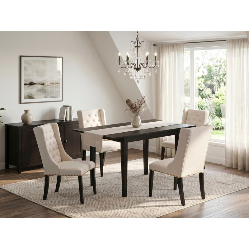 3-Piece Mahogany Finish Rectangular Solid Wood Top With Butterfly Leaf Dining Table Set, Black, Beige, 5