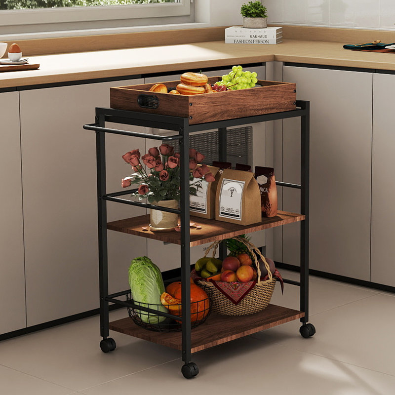 3-Tier Rolling Bar Cart with Detachable Serving Tray, Mobile Kitchen Storage Cart for Tea, Coffee & Liquor, Brown