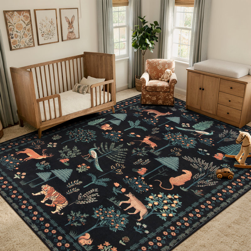  Tapis noir lavable à la machine 8 x 10 Garbrand Wild Jungle Animal, Rectangulaire 8 pi x 10 pi