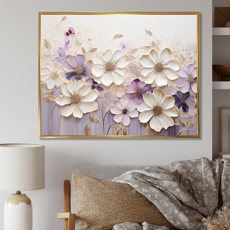 Violettes ornées beige et mauve I - Violettes, reproductions encadrées, 12" H x 20" W, Cadre flottant doré