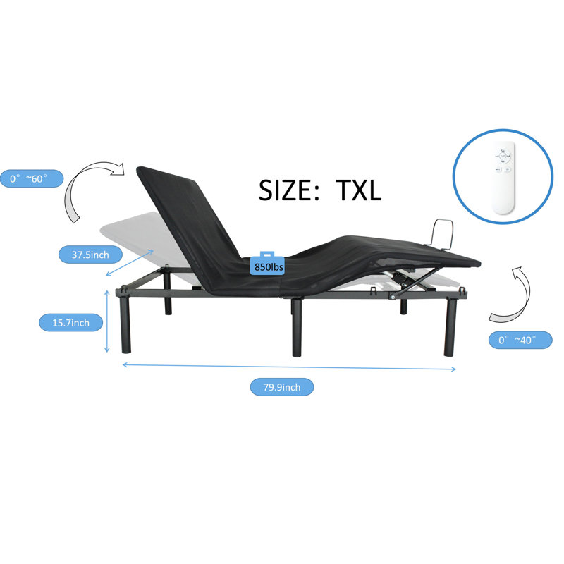 Structure de lit motorisée réglable, pliable en deux pour optimiser l'espace, acier, support de matelas, silencieux, noir antique - moitié pliable. Tête et pieds inclinés. Structure en acier. Retainer. Assemblage