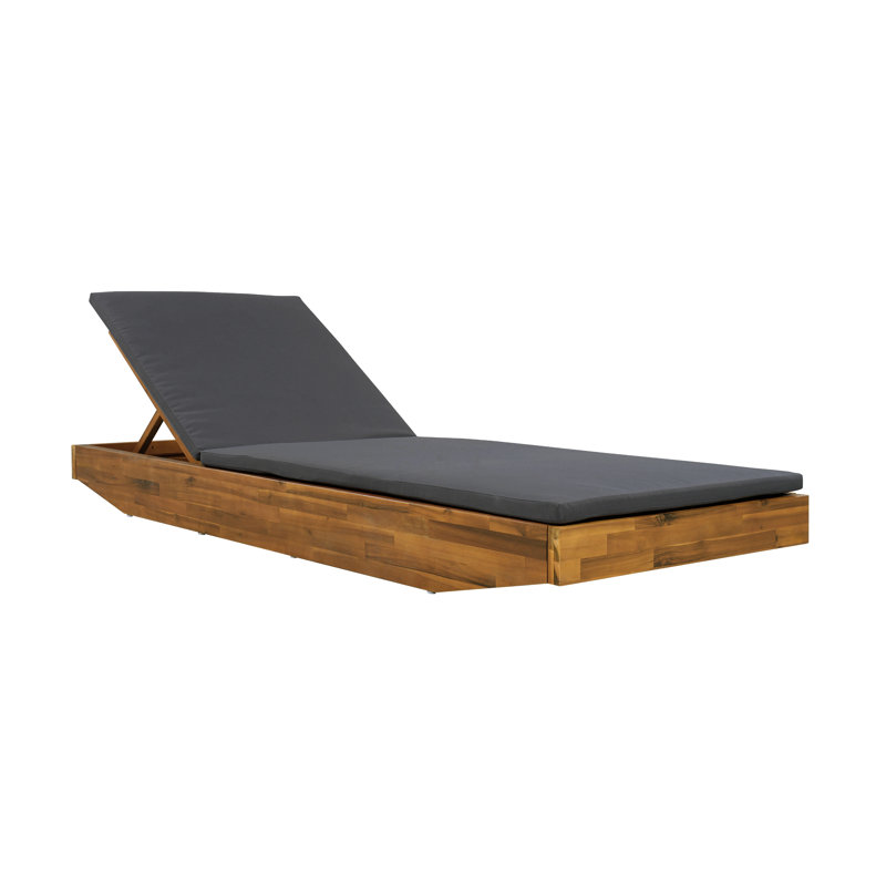 Acacia Wood Chaise Lounge With 2-Fold Thin Cushion - Teak Finish Outdoor Recliner -Repellent Cushion, Dark Gray
