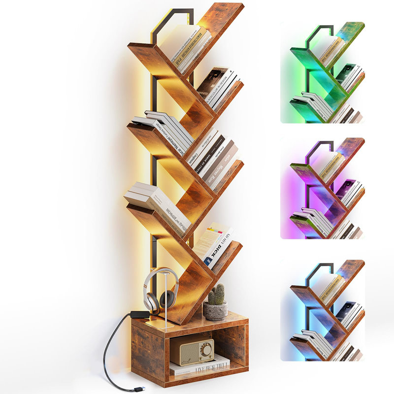 6-Tier Tree Bookshelf — Narrow Floor Standing Bookcase, Rustic Brown