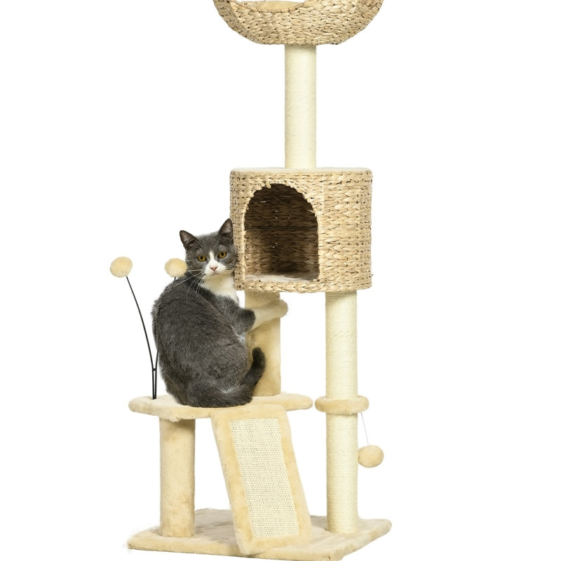 Cat Tree Tower With Scratching Posts, Ramp, Condo, Toy Balls, Platforms, Bed, And Ramp