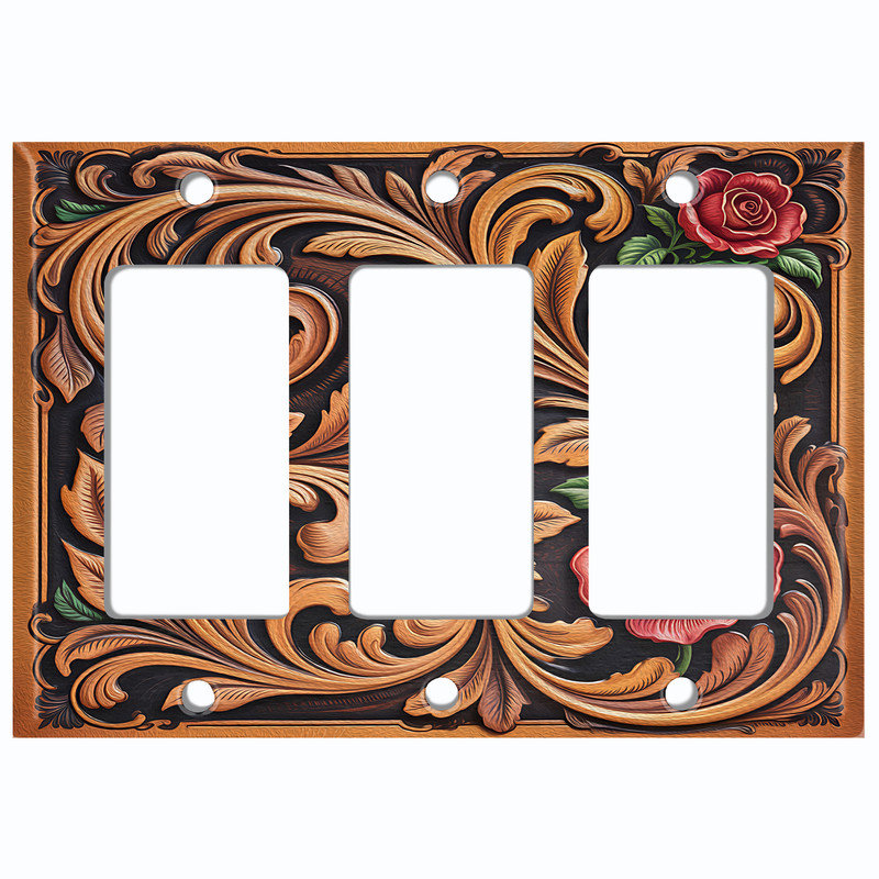Plaque d'interrupteur en métal ; interrupteur à bascule GFCI 3 modules, format standard américain ; motif de rose de l'Ouest imprimé.