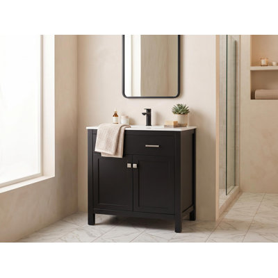 Meuble-lavabo 3D avec lavabo en céramique - Armoire simple moderne avec 2 portes à fermeture douce et une tablette