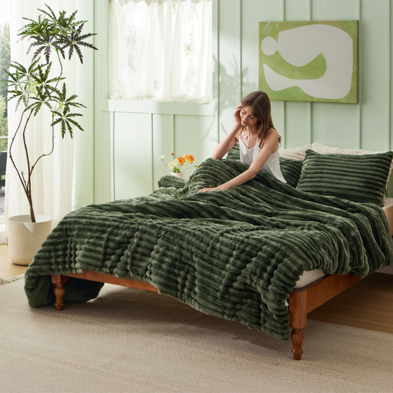 Ensembles d'édredon de taille très grand - 3 pièces de literie en molleton vert olive à double face, esthétique rayée confortable pour les chambres modernes et d'invités, décoration intérieure de luxe toutes saisons