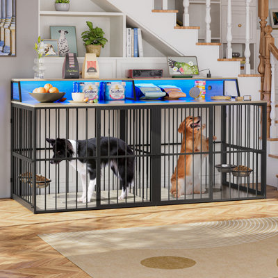 Dog Crate Kennel Furniture For 2 Dogs W/Led Light & Power Outlets, 71.5" Double Dog Crates Tv Stand W/Storage Space, Dog Crate Entertainment Center W/4 Lockable Doors & Dog Bowls