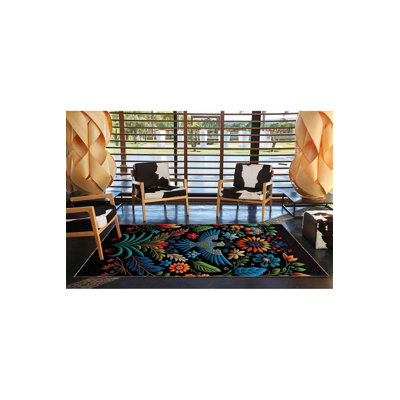 Tapis décoratif multicolore noir à motif de fleurs et d'oiseaux