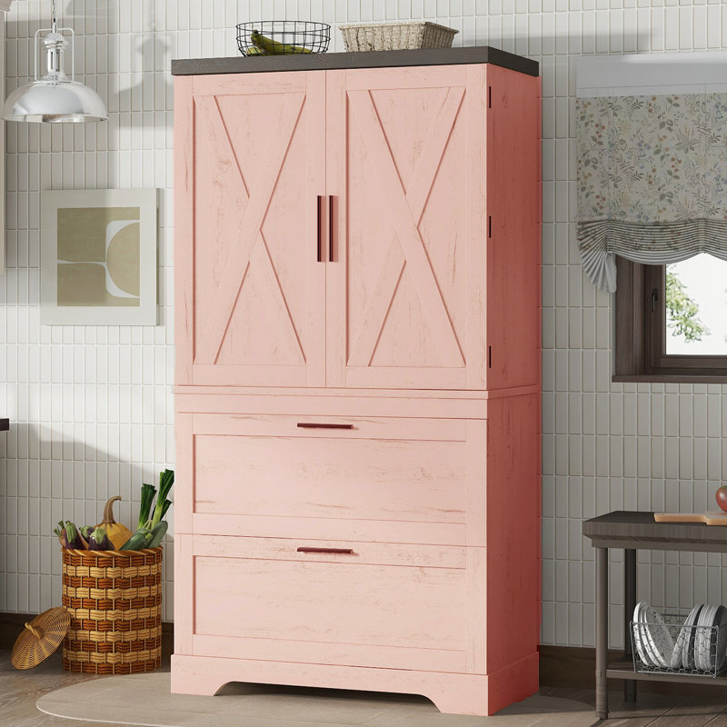Grande armoire de rangement autoportante en lin avec deux tiroirs, Rose