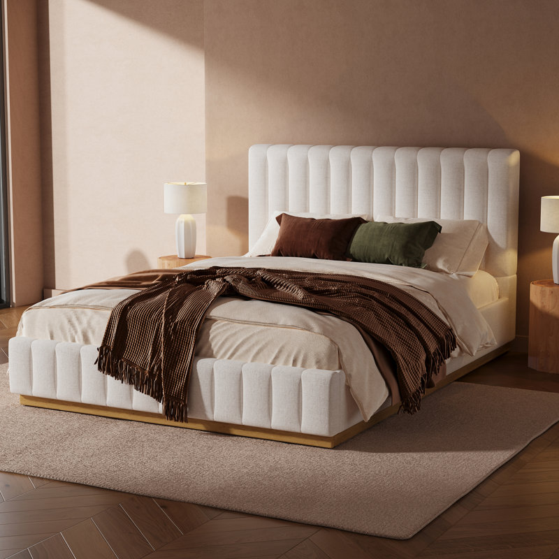 Hara Linen Upholstered Bed Withthick Headboard & Solid Wood Base, Queen