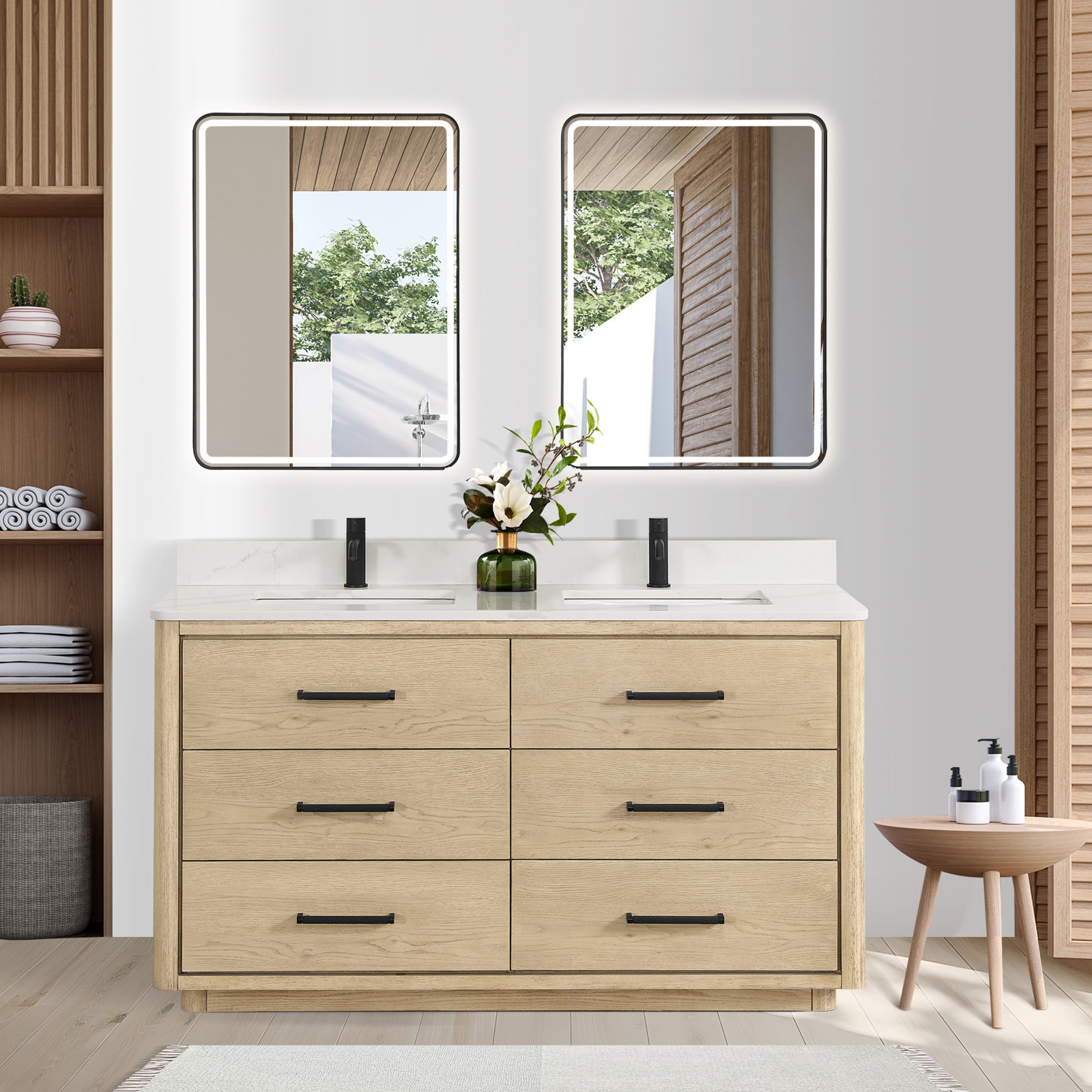 Porto 60'' Double Bathroom Vanity, Natural Oak, Matte Black