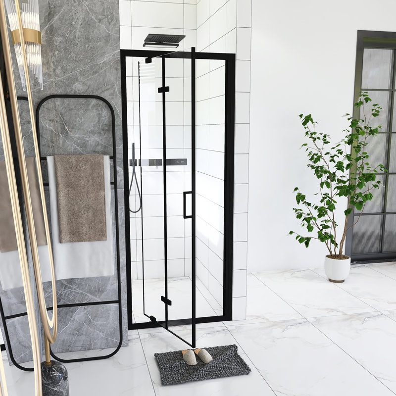Porte de douche pivotante pliante à cadre double 30 po x 72 po, porte de douche pliante compacte, verre trempé transparent de 1/4 po avec poignée en acier inoxydable, noir mat