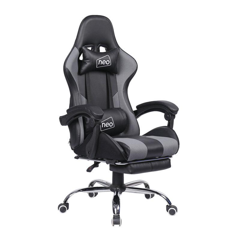 NeoDirect Adjustable Reclining Ergonomic Faux Leather Swiveling PC & Racing Game Chair with Footrest in Grey