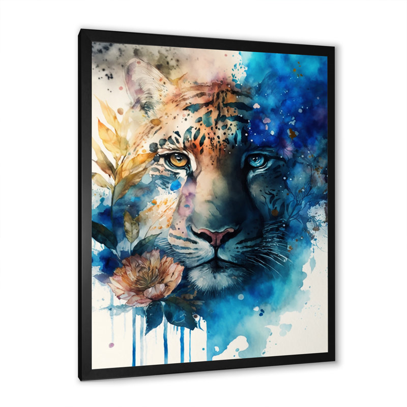 Portrait de tigre avec fleurs II - tigre, reproduction sur toile encadrée, H 32 po x l 16 po, Cadre photo noir