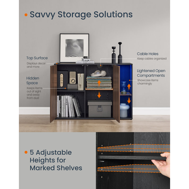 SONGMICS HOME Walery Superfast Toolless Assembly Cabinet With Lighting And Glass Shelf, Ink Black/Natural Walnut 