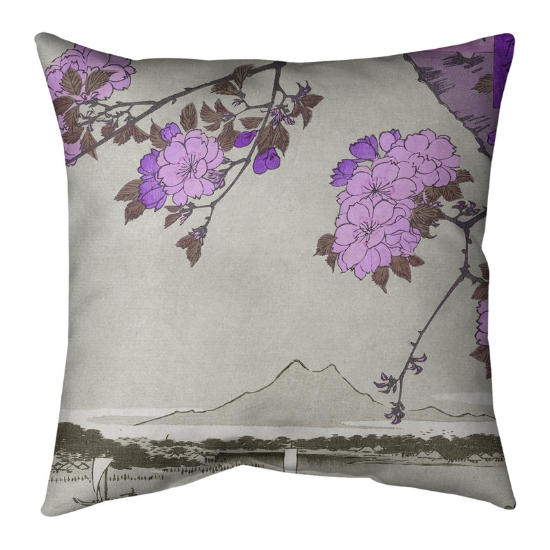 Housse de coussin Utagawa Hiroshige Blossoms Over the River, 18 po x 18 po, Mauve, Housse de coussin seulement