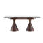 Table de salle à manger extensible avec plateau en pierre: plateau de table en marbre blanc avec pieds fuselés en métal. Une table de salle à manger rectangulaire d'inspiration moderne et luxueuse pour la maison, pouvant accueillir de 4 à 8 personnes.-131649174
