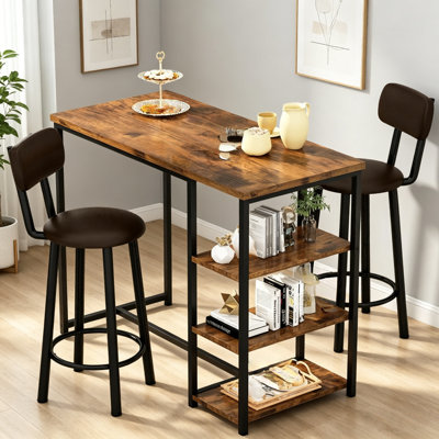 3-Piece Counter Height Bar Table Set With 3-Tier Open Storage Shelves, Modern Pub Dining Table Set With 2 Upholstered Bar Stools With Backrest & Footrest, Compact Kitchen Island Table Set For Small Spaces