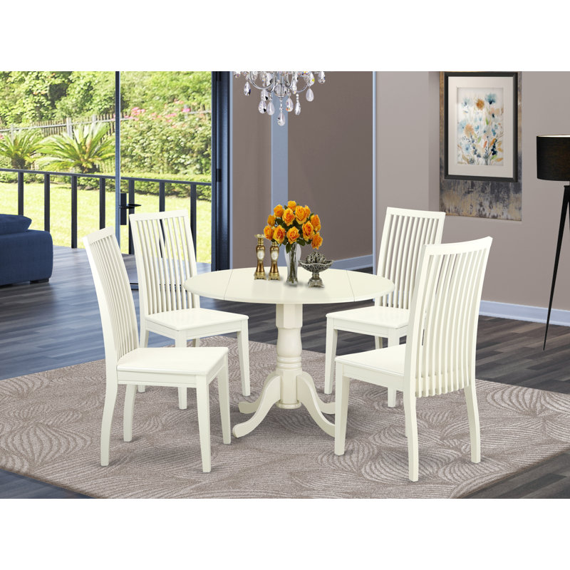 L'ensemble 5 pièces de table et chaises de cuisine comprend une table ronde avec Dropleaf et 4 chaises de salle à manger, 42 x 42 pouces, lin blanc
