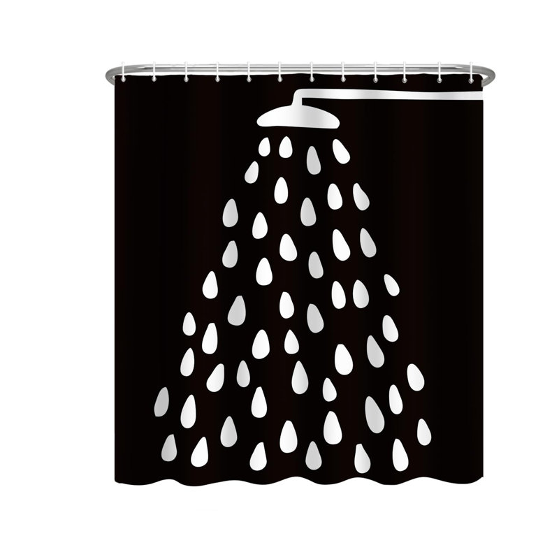 Rideau de douche noir et blanc Pomme de douche amusante et gouttes d'eau pour la salle de bain Rideau en tissu de polyester imperméable lavable à la machine pour la salle de bain avec 12 crochets 72 x 72 pouces
