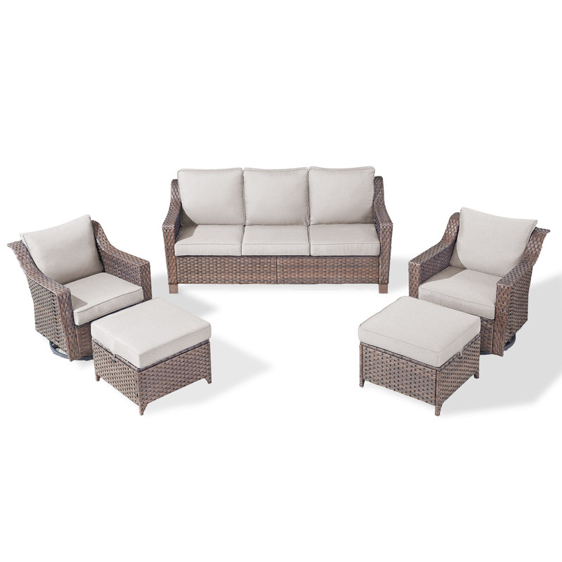Ensemble de conversation d'extérieur pour 5 personnes avec coussins et repose-pieds Tya, Beige