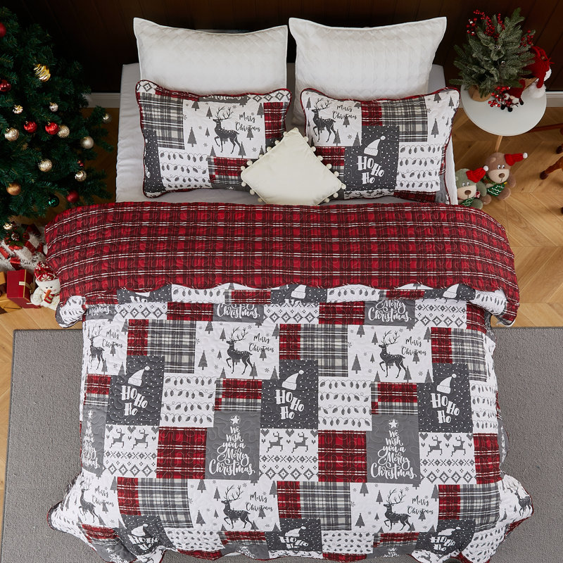 Ensemble de courtepointe en patchwork de Noël avec motifs de rennes, flocons de neige, sapins et carreaux, literie légère en microfibre à bords festonnés