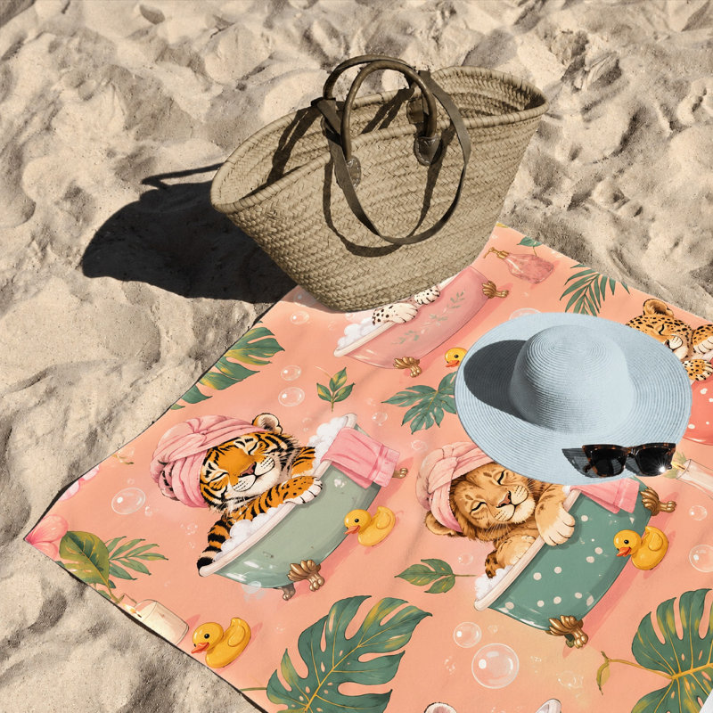 1Pcs Mignon lion lion léopard prenant un bain Animaux drôles Feuilles tropicales Serviette de plage Couverture en microfibre à séchage rapide pour la natation Voyage Camping