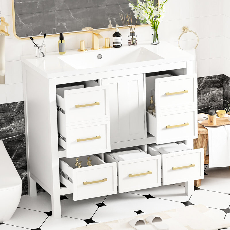 Meuble-lavabo de salle de bain 36 po - Lavabo en bois massif et résine 5 tiroirs Harmonious, Blanc