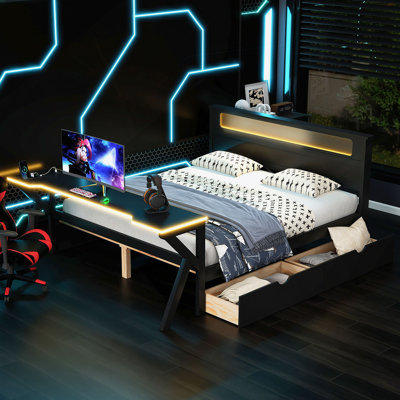 Lit plateforme en bois avec tête de lit à DEL, bureau à DEL, USB et deux tiroirs de rangement