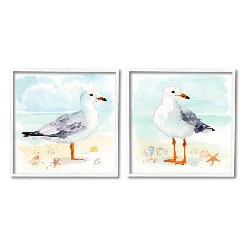 «Seagull & Sandpiper Birds», impression sur bois 2 pièces, Estampe numérique encadrée blanc bord de mer