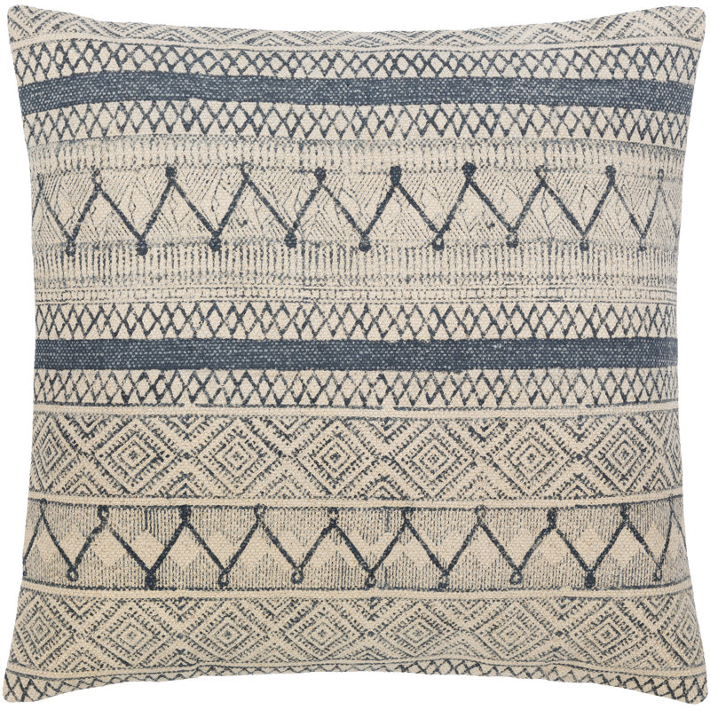 Oreiller carré en coton Zetta, Housse de coussin seulement - sans coussin, 20 po x 20 po, Beige clair / bleu foncé