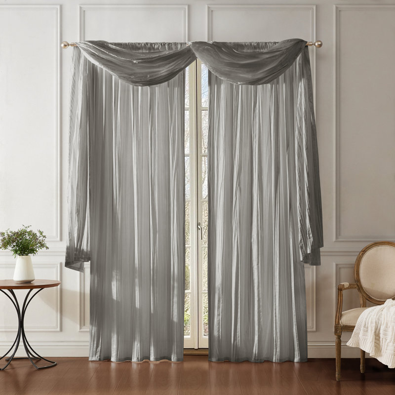 Danielly Solid Semi-Sheer Faux Crushed Silk Window Curtain and Scarf Set, 52" x 84", Sterling