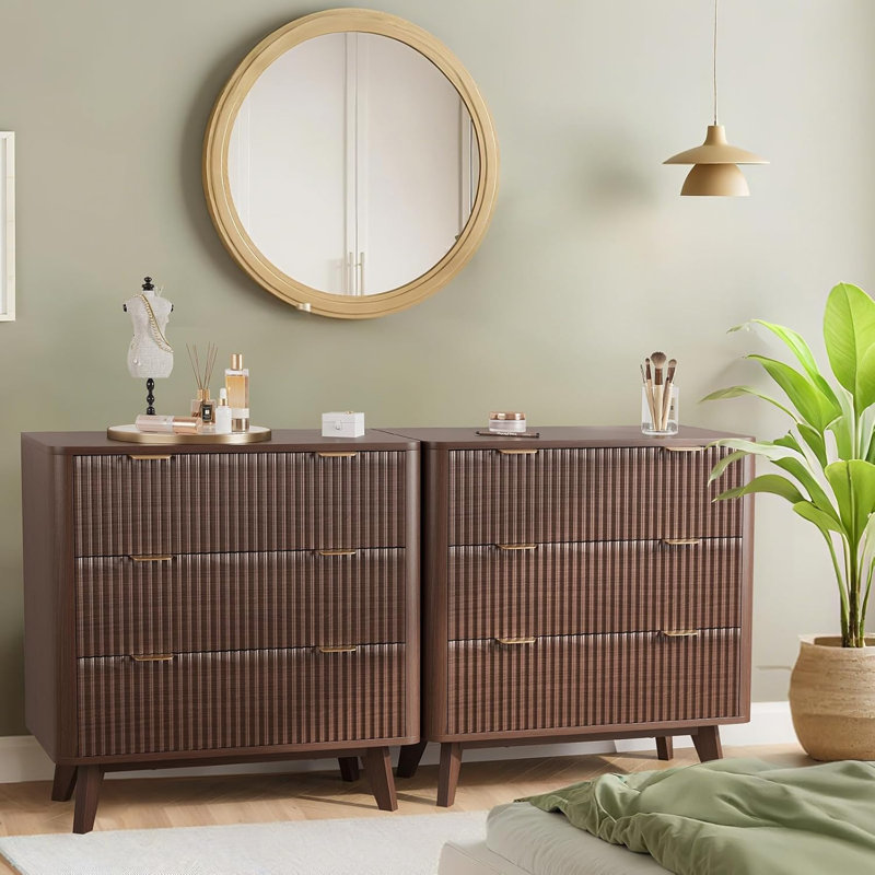 32 in Wood Fluted Nightstand with 3 Drawers and Gold Handles – Modern Bedside Table for Bedroom, Living Room, or Hallway