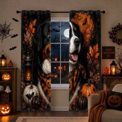 2 pièces rideaux occultants à motif de chien d'Halloween, rideaux isolants à isolation thermique pour réduire les bruits de fenêtre, décor de citrouille à feuilles d'automne pour le salon, la chambre, la cuisine et le bureau